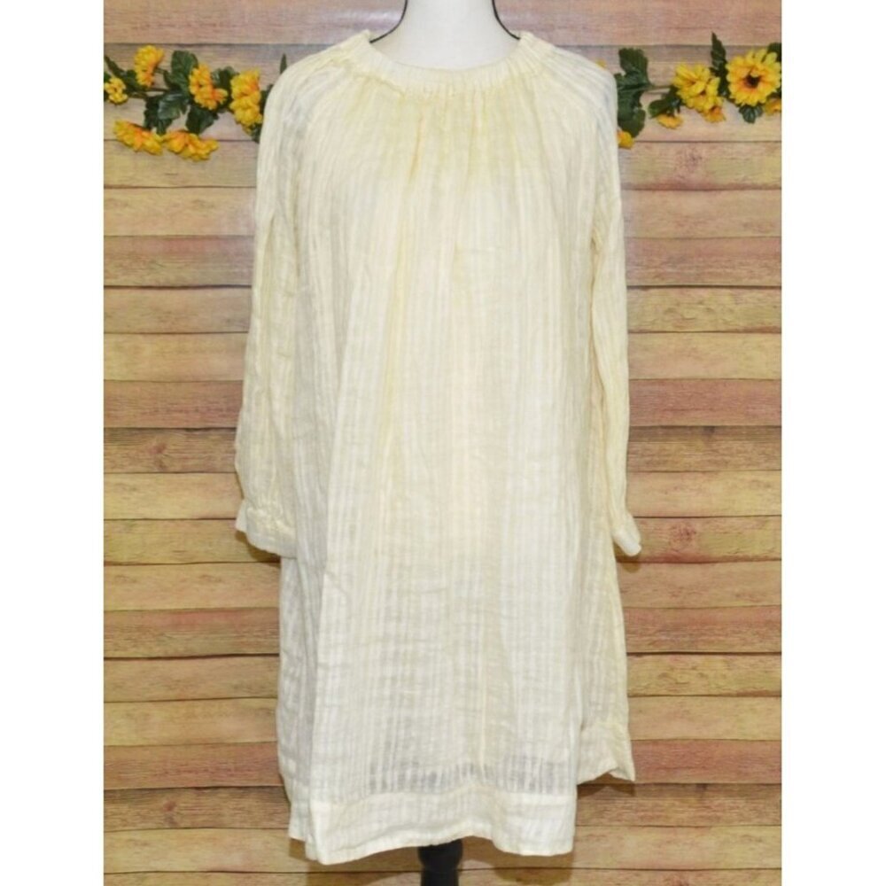 NWT Boho Zara Ladies Neutral Beige 100% Linen Knee Length Dress Size 13-14 Off T